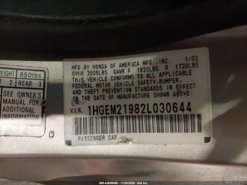 2002 Honda Civic Ex VIN: 1HGEM21982L030644 Lot: 43800488