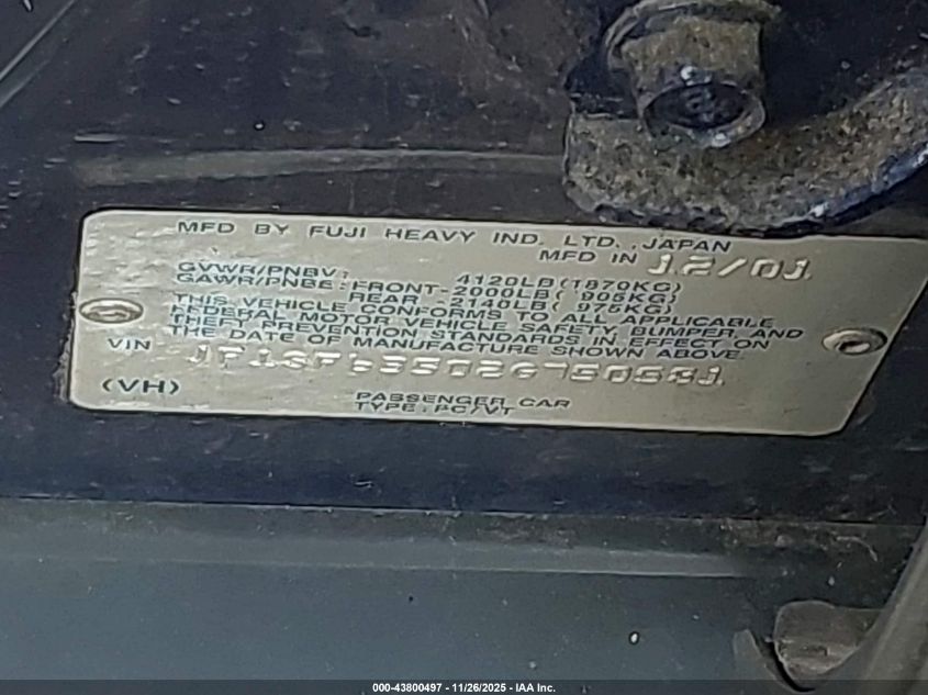 2002 Subaru Forester L VIN: JF1SF63502G750581 Lot: 43800497