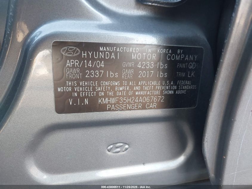 2004 Hyundai Sonata Gls/Lx VIN: KMHWF35H24A067672 Lot: 43800511