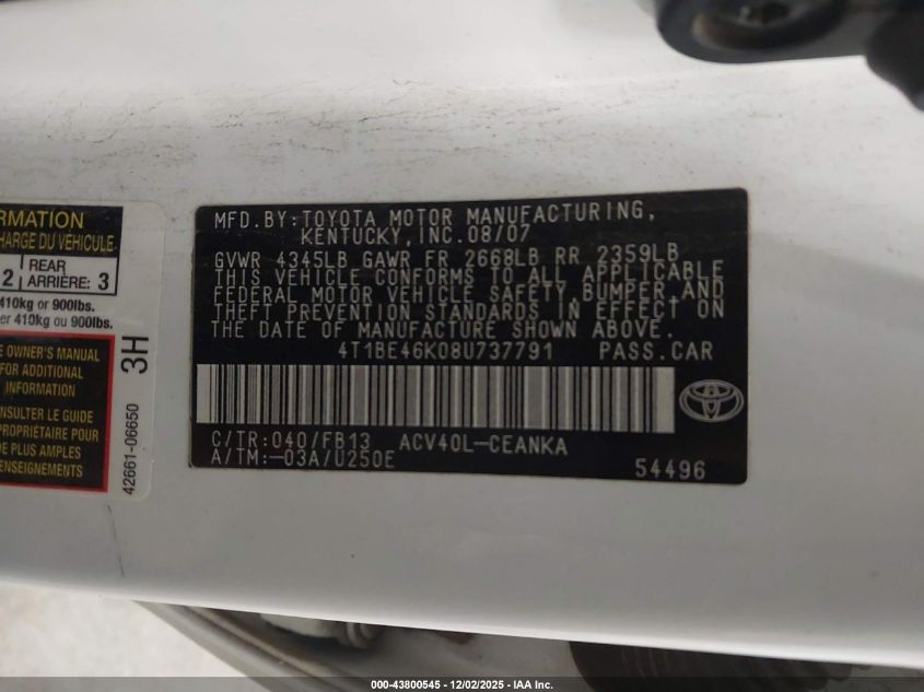 2008 Toyota Camry Le VIN: 4T1BE46K08U737791 Lot: 43800545