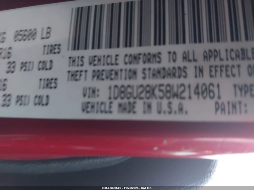 2008 Dodge Nitro Sxt VIN: 1D8GU28K58W214061 Lot: 43800546