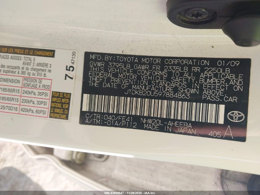 2009 Toyota Prius Standard VIN: JTDKB20U597884863 Lot: 43800547