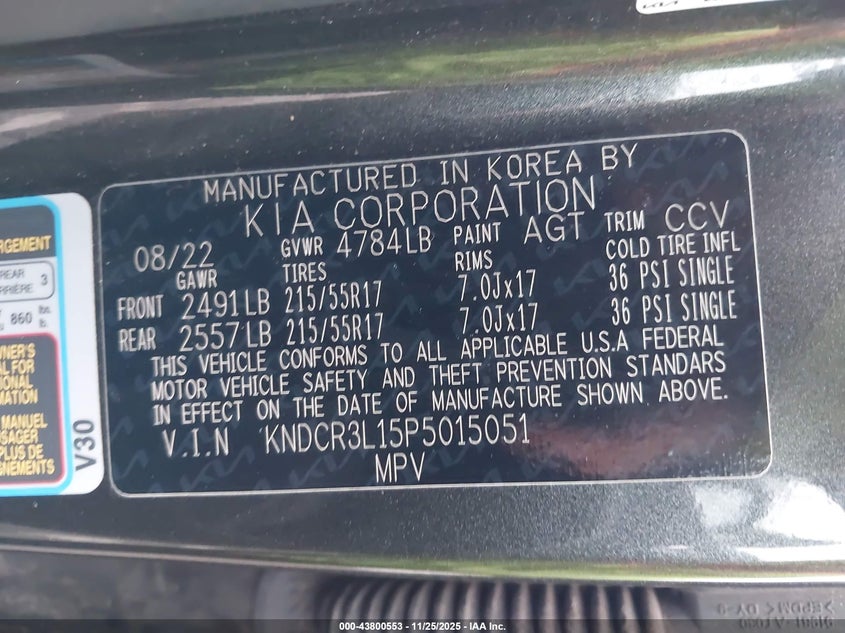 2023 Kia Niro Ev Wind VIN: KNDCR3L15P5015051 Lot: 43800553