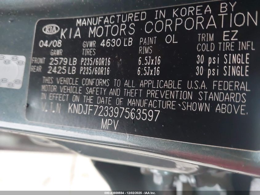 2009 Kia Sportage Lx V6 VIN: KNDJF723397563597 Lot: 43800554