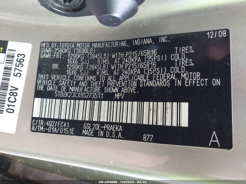 2009 Toyota Sienna Le VIN: 5TDZK23CX9S273511 Lot: 43800566