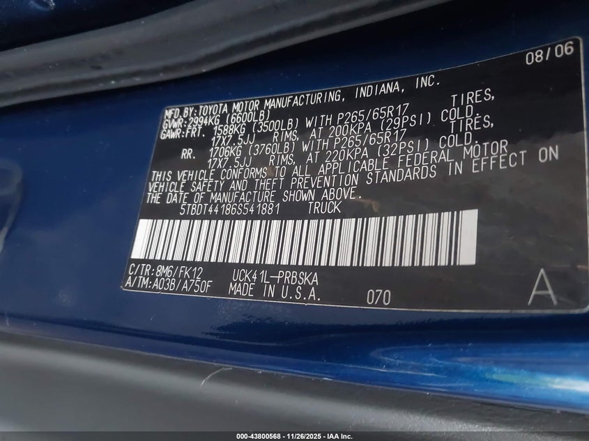 2006 Toyota Tundra Sr5 V8 VIN: 5TBDT44186S541881 Lot: 43800568
