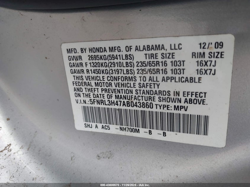 2010 Honda Odyssey Ex VIN: 5FNRL3H47AB043860 Lot: 43800570