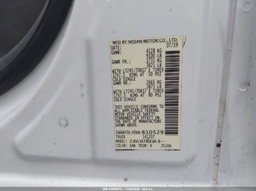 2019 Nissan Nv Cargo Nv2500 Hd Sv V6 VIN: 1N6BF0LY0KN810529 Lot: 43800575