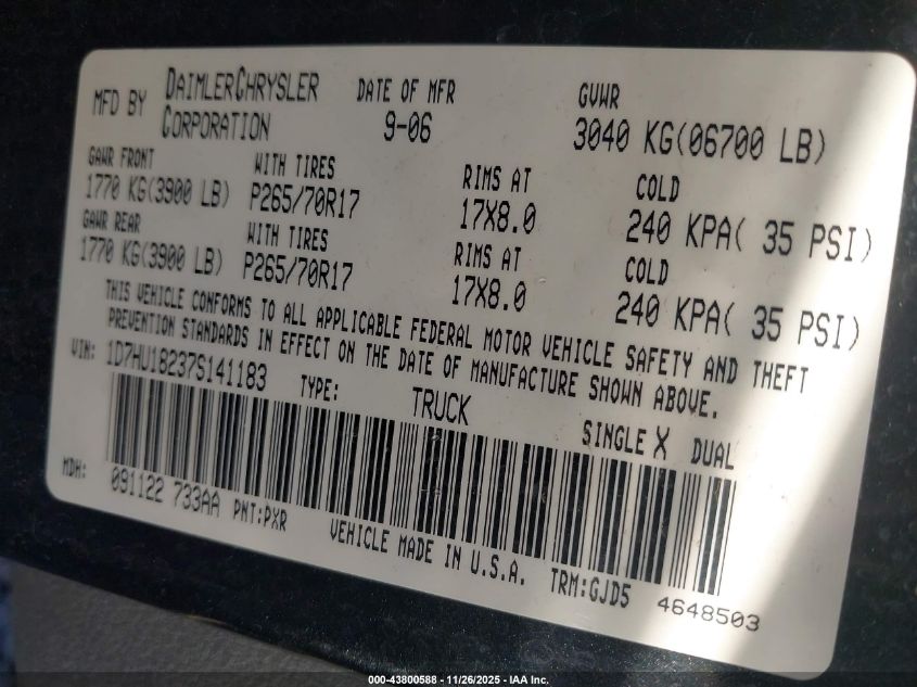 2007 Dodge Ram 1500 Laramie VIN: 1D7HU18237S141183 Lot: 43800588