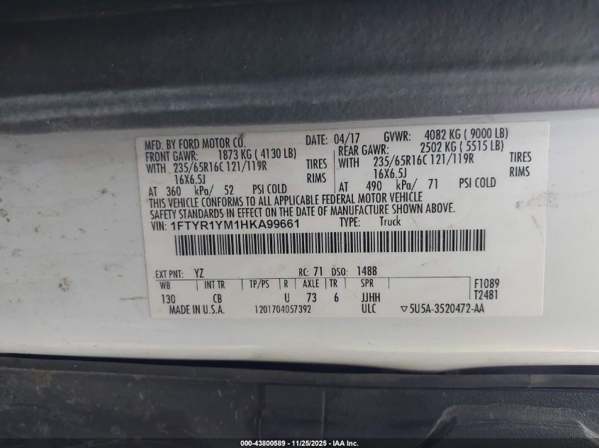 2017 Ford Transit-250 VIN: 1FTYR1YM1HKA99661 Lot: 43800589