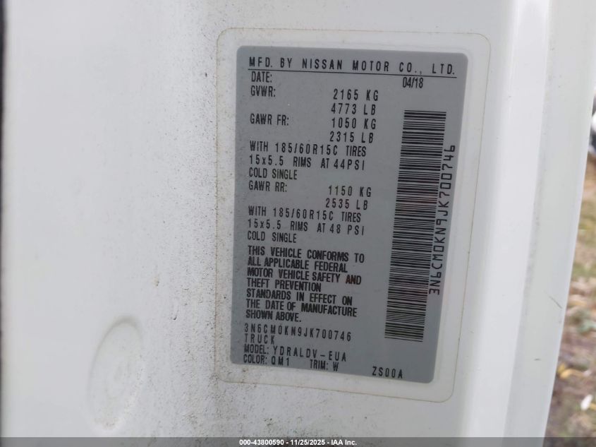 2018 Nissan Nv200 S VIN: 3N6CM0KN9JK700746 Lot: 43800590