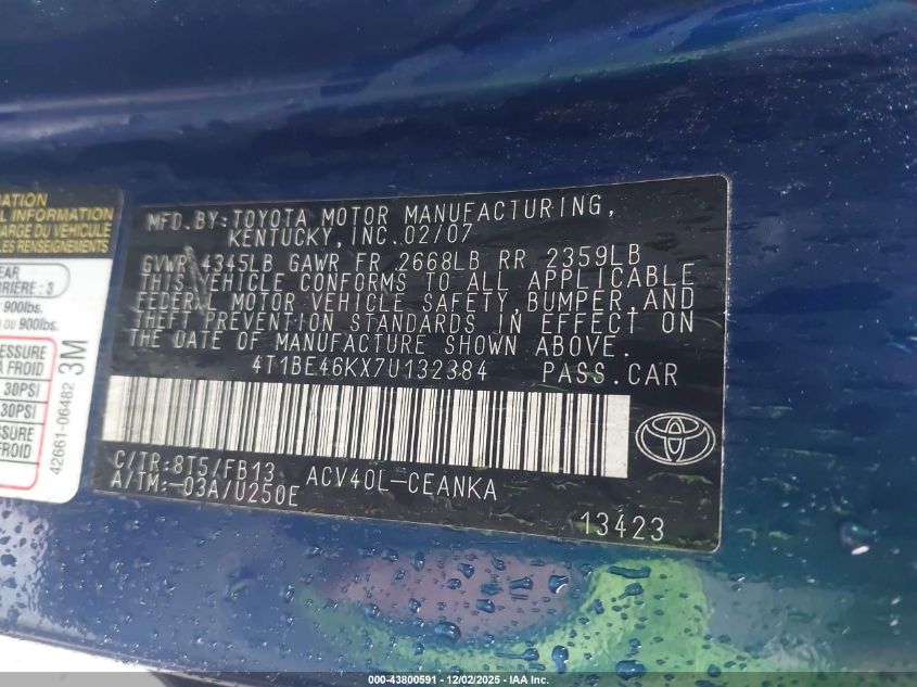 2007 Toyota Camry Le VIN: 4T1BE46KX7U132384 Lot: 43800591