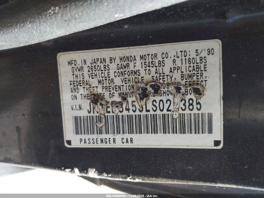 1990 Honda Civic Crx Dx VIN: JHMED8453LS022385 Lot: 43800596