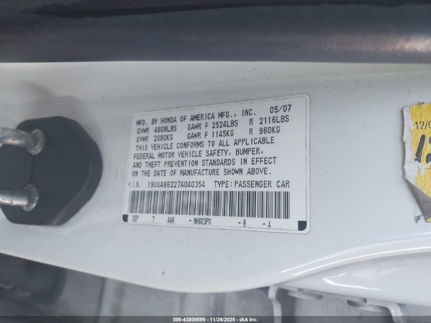 2007 Acura Tl 3.2 VIN: 19UUA66227A040354 Lot: 43800599