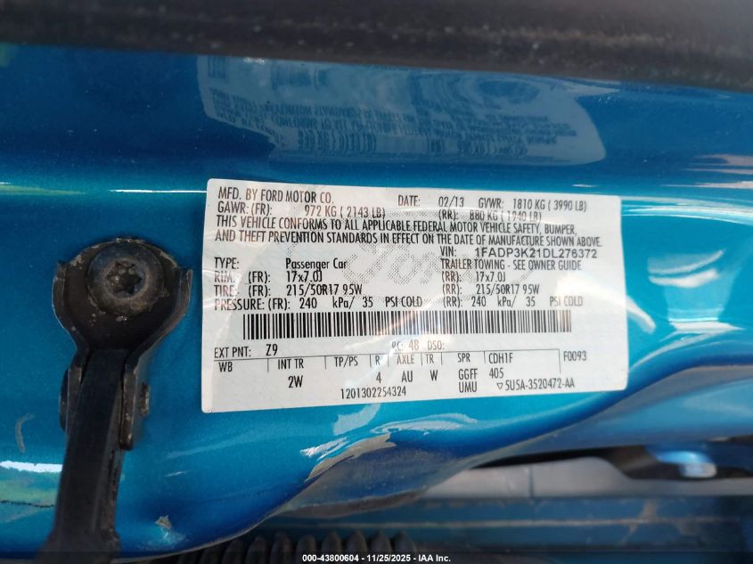 2013 Ford Focus Se VIN: 1FADP3K21DL276372 Lot: 43800604