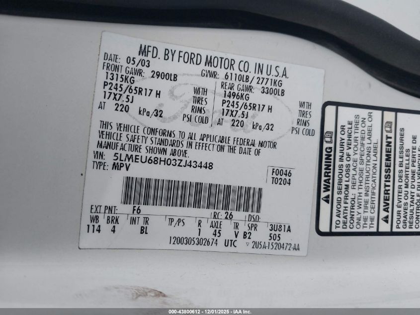 2003 Lincoln Aviator VIN: 5LMEU68H03ZJ43448 Lot: 43800612