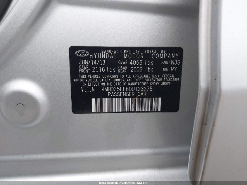 2013 Hyundai Elantra Gt VIN: KMHD35LE6DU123275 Lot: 43800616