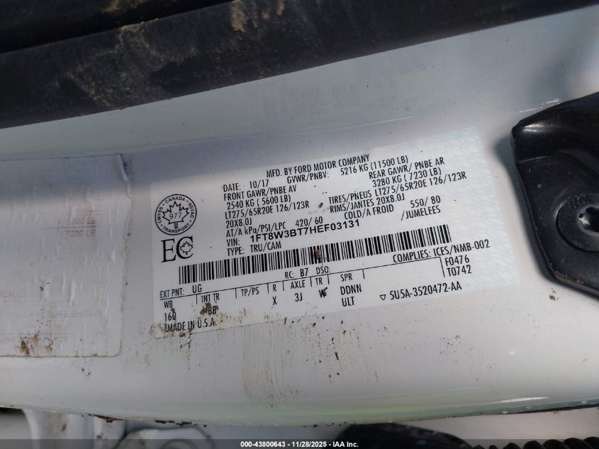 2017 Ford F-350 Platinum VIN: 1FT8W3BT7HEF03131 Lot: 43800643