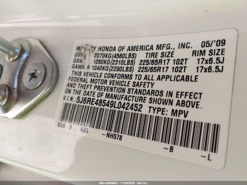 2009 Honda Cr-V Ex VIN: 5J6RE48549L042452 Lot: 43800653