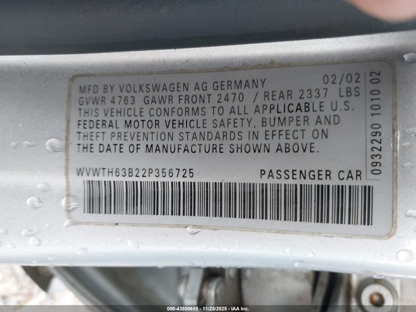 2002 Volkswagen Passat Glx VIN: WVWTH63B22P356725 Lot: 43800655