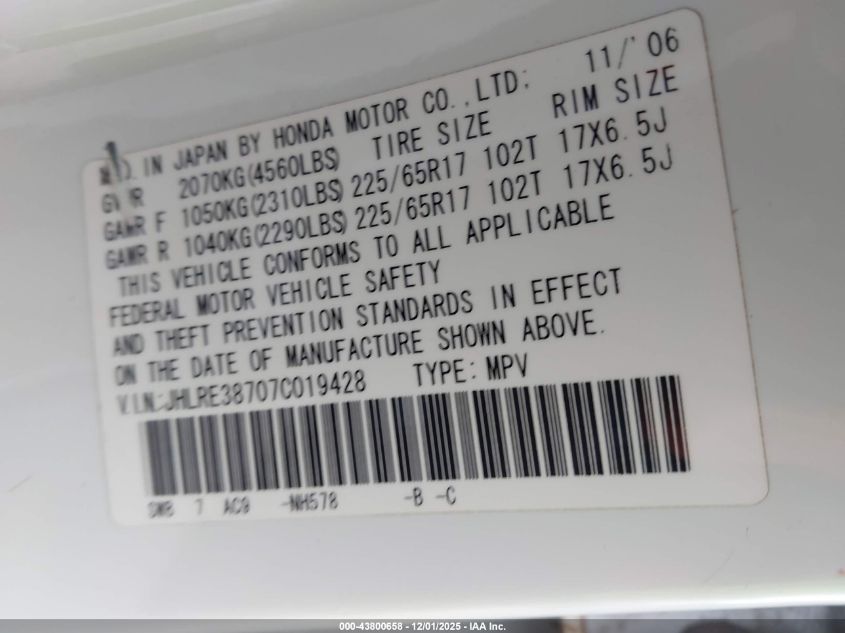 2007 Honda Cr-V Ex-L VIN: JHLRE38707C019428 Lot: 43800658