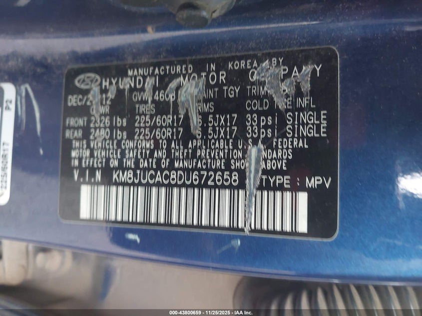 2013 Hyundai Tucson Gls VIN: KM8JUCAC8DU672658 Lot: 43800659