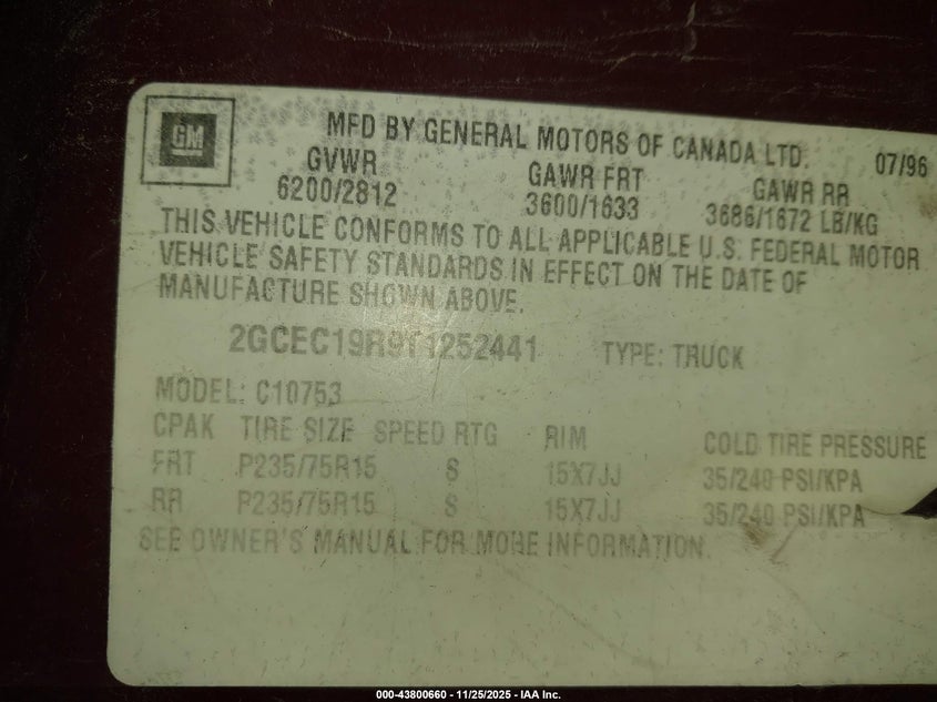 1996 Chevrolet Gmt-400 C1500 VIN: 2GCEC19R9T1252441 Lot: 43800660