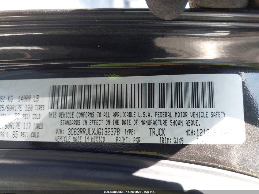 2018 Ram 3500 Laramie 4X4 8' Box VIN: 3C63RRJLXJG132378 Lot: 43800668