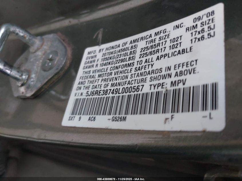 2009 Honda Cr-V Ex-L VIN: 5J6RE38749L000567 Lot: 43800678