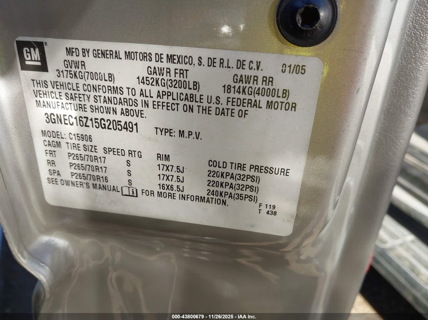 2005 Chevrolet Suburban 1500 Lt VIN: 3GNEC16Z15G205491 Lot: 43800679