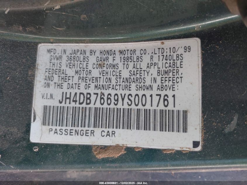 2000 Acura Integra Gs VIN: JH4DB7669YS001761 Lot: 43800681