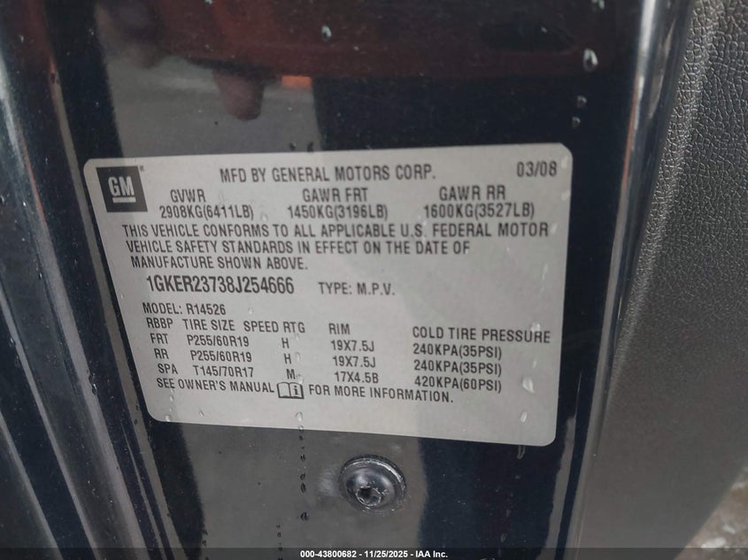 2008 GMC Acadia Slt-1 VIN: 1GKER23738J254666 Lot: 43800682