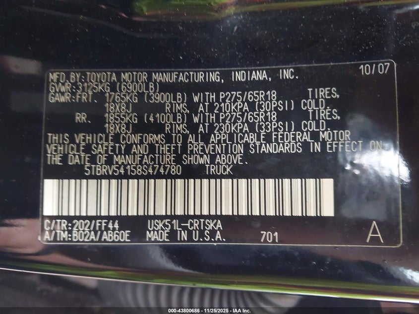 2008 Toyota Tundra Sr5 5.7L V8 VIN: 5TBRV54158S474780 Lot: 43800686