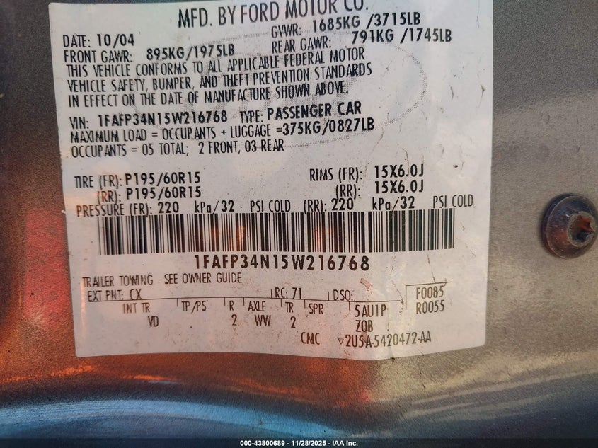 2005 Ford Focus Zx4 VIN: 1FAFP34N15W216768 Lot: 43800689