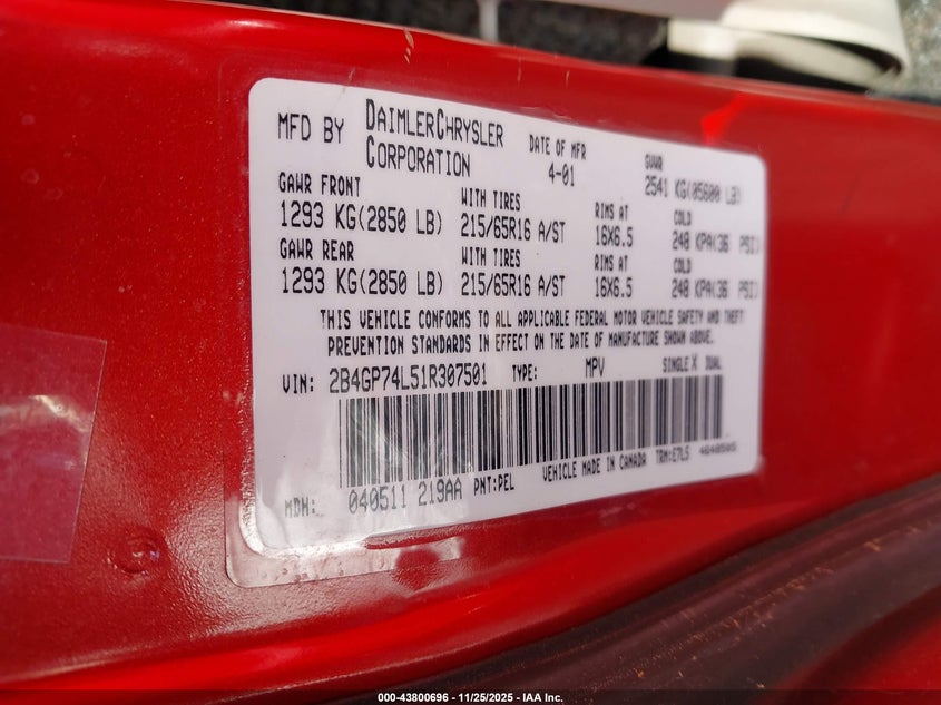 2001 Dodge Grand Caravan Ex VIN: 2B4GP74L51R307501 Lot: 43800696