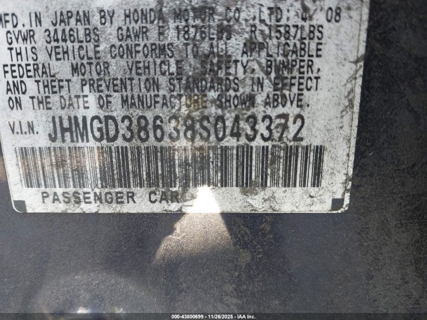 2008 Honda Fit Sport VIN: JHMGD38638S043372 Lot: 43800699