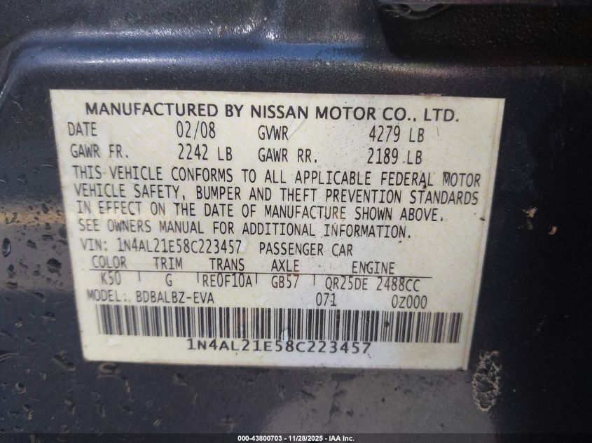 2008 Nissan Altima 2.5 S VIN: 1N4AL21E58C223457 Lot: 43800703