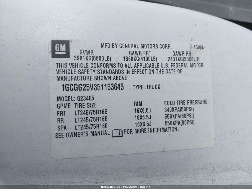 2005 Chevrolet Express VIN: 1GCGG25V351153645 Lot: 43800709