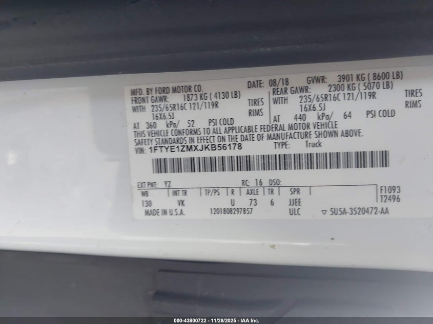 2018 Ford Transit-150 VIN: 1FTYE1ZMXJKB56178 Lot: 43800722
