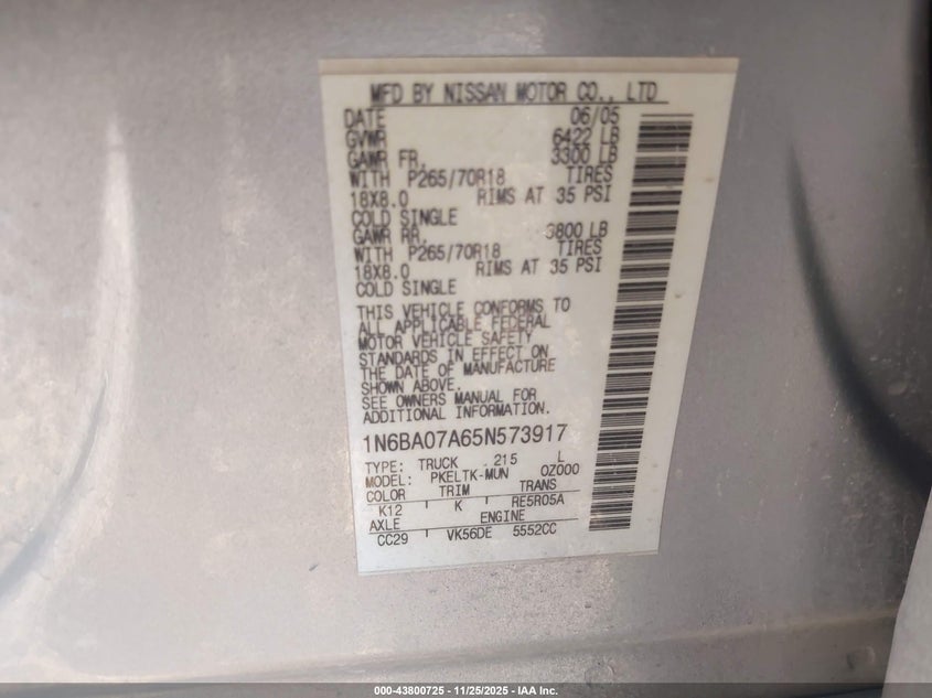 2005 Nissan Titan Se VIN: 1N6BA07A65N573917 Lot: 43800725