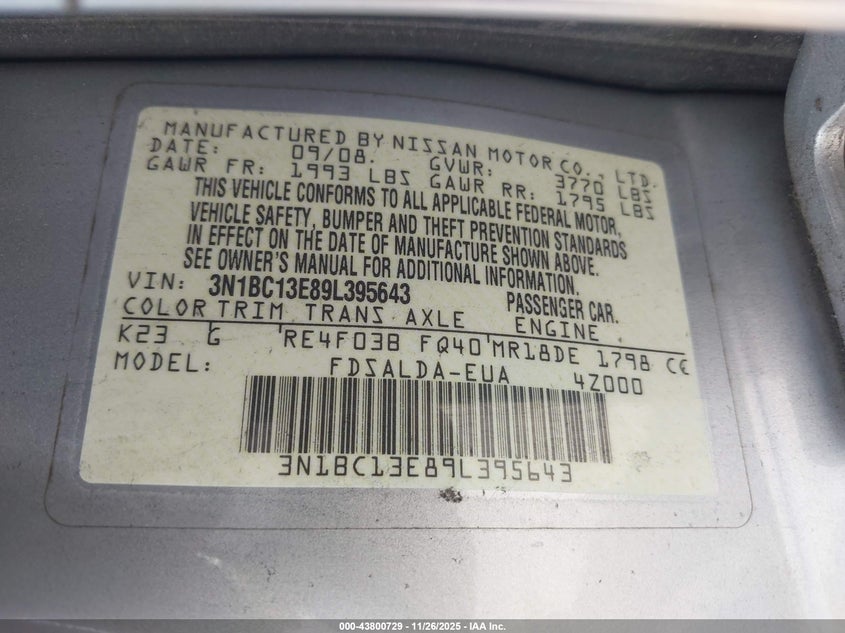 2009 Nissan Versa 1.8S VIN: 3N1BC13E89L395643 Lot: 43800729