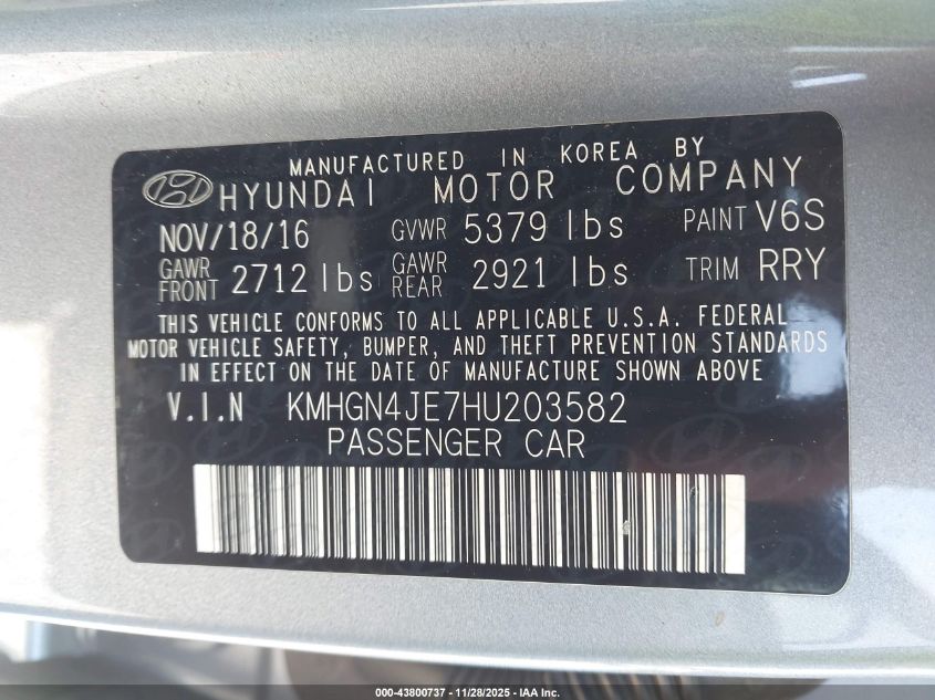 2017 Genesis G80 3.8 VIN: KMHGN4JE7HU203582 Lot: 43800737