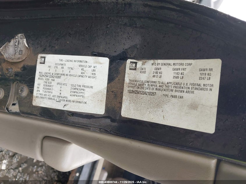 2002 Pontiac Bonneville Ssei VIN: 1G2HZ541224210267 Lot: 43800744