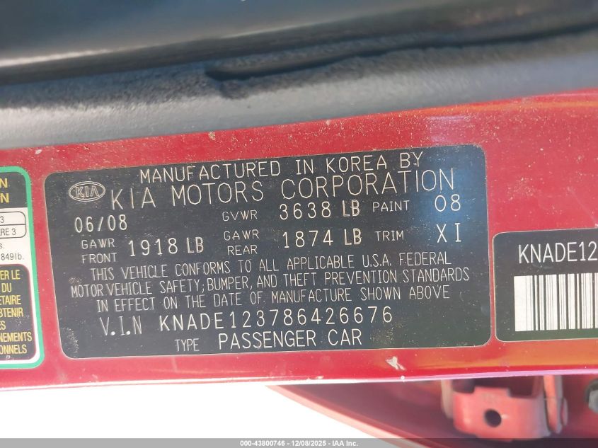 2008 Kia Rio Lx VIN: KNADE123786426676 Lot: 43800746