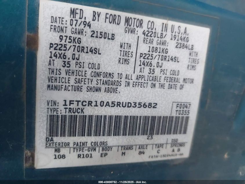 1994 Ford Ranger VIN: 1FTCR10A5RUD35682 Lot: 43800752