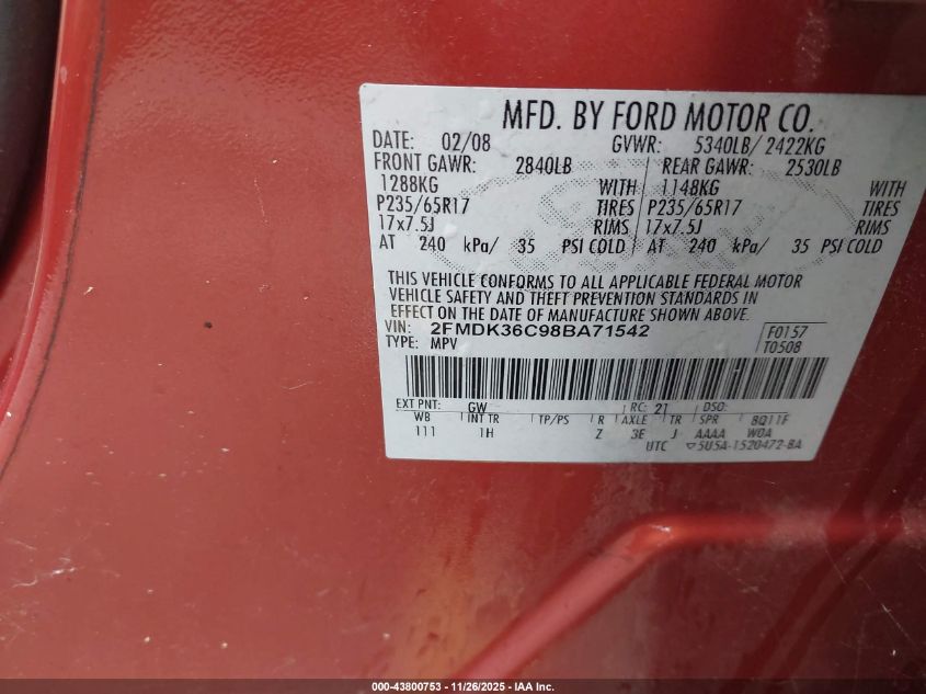 2008 Ford Edge Se VIN: 2FMDK36C98BA71542 Lot: 43800753