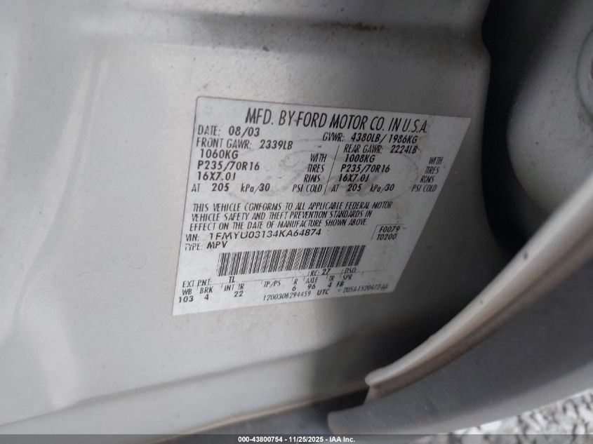 2004 Ford Escape Xlt VIN: 1FMYU03134KA64874 Lot: 43800754