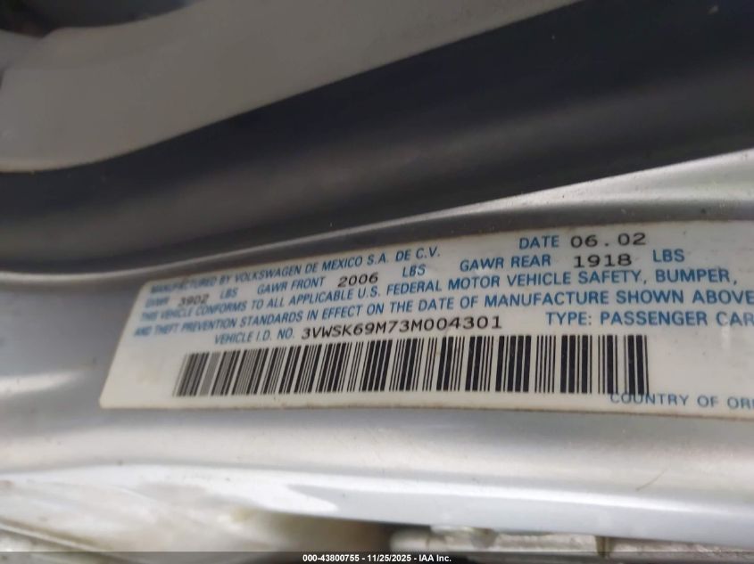 2003 Volkswagen Jetta Gls 2.0L VIN: 3VWSK69M73M004301 Lot: 43800755