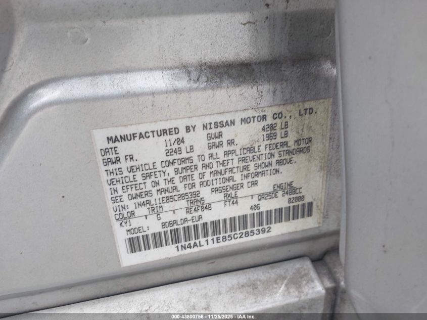 2005 Nissan Altima 2.5 S VIN: 1N4AL11E85C285392 Lot: 43800756