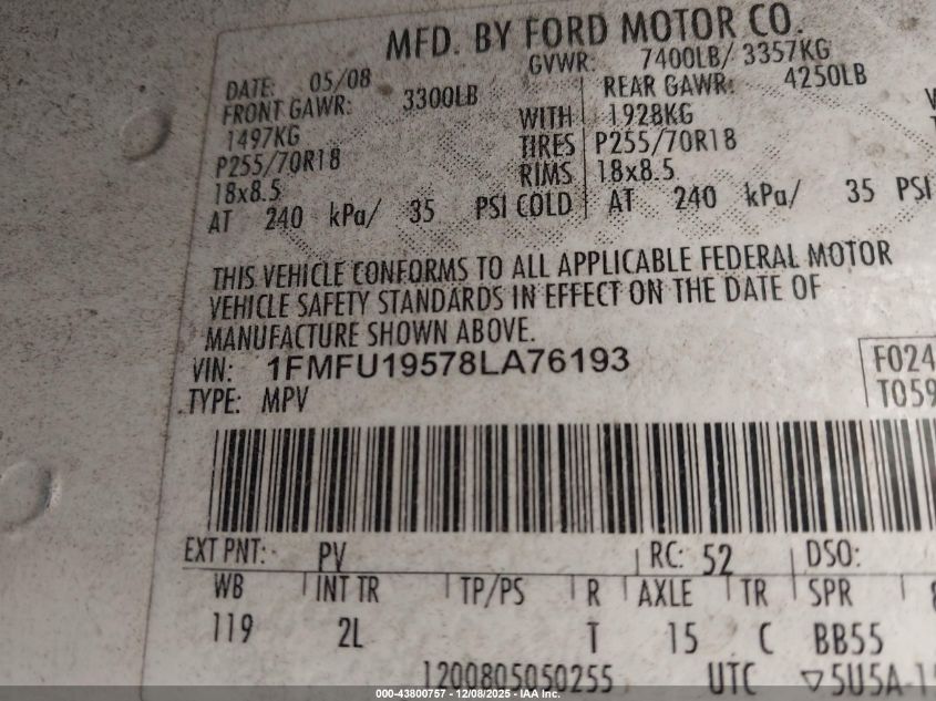 2008 Ford Expedition Limited VIN: 1FMFU19578LA76193 Lot: 43800757